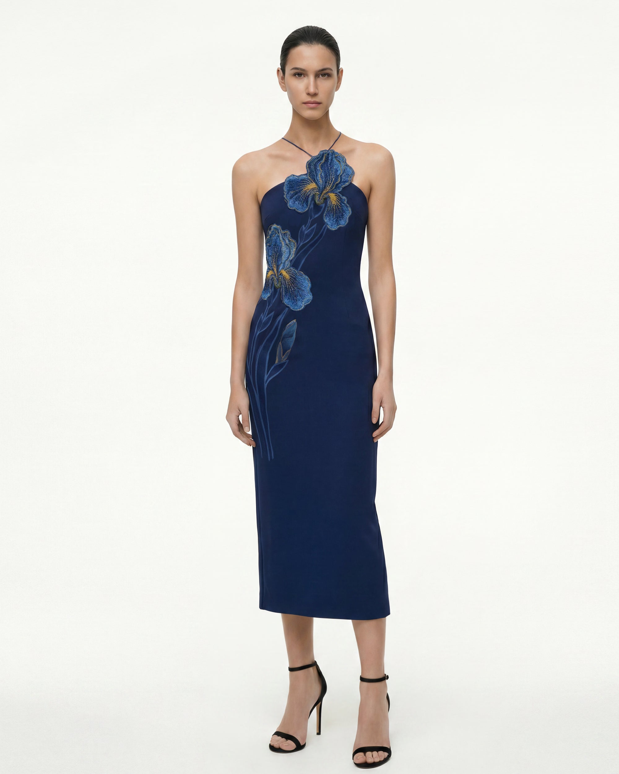 Iris Embroidered Halter Midi Dress - Navy Blue