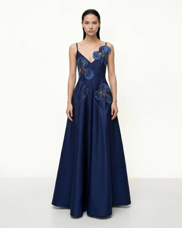 Iris Embroidered A-Line Maxi Dress - Navy Blue