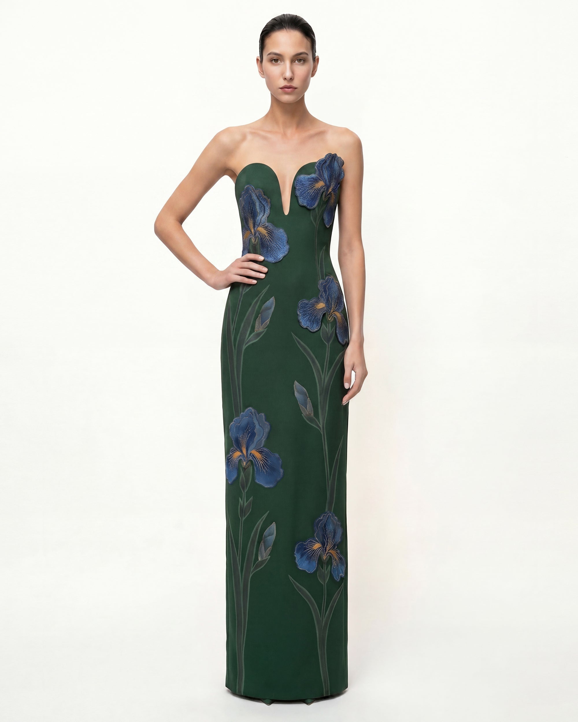 Iris Embroidered Notch Neck Strapless Maxi Dress - Emerald Green