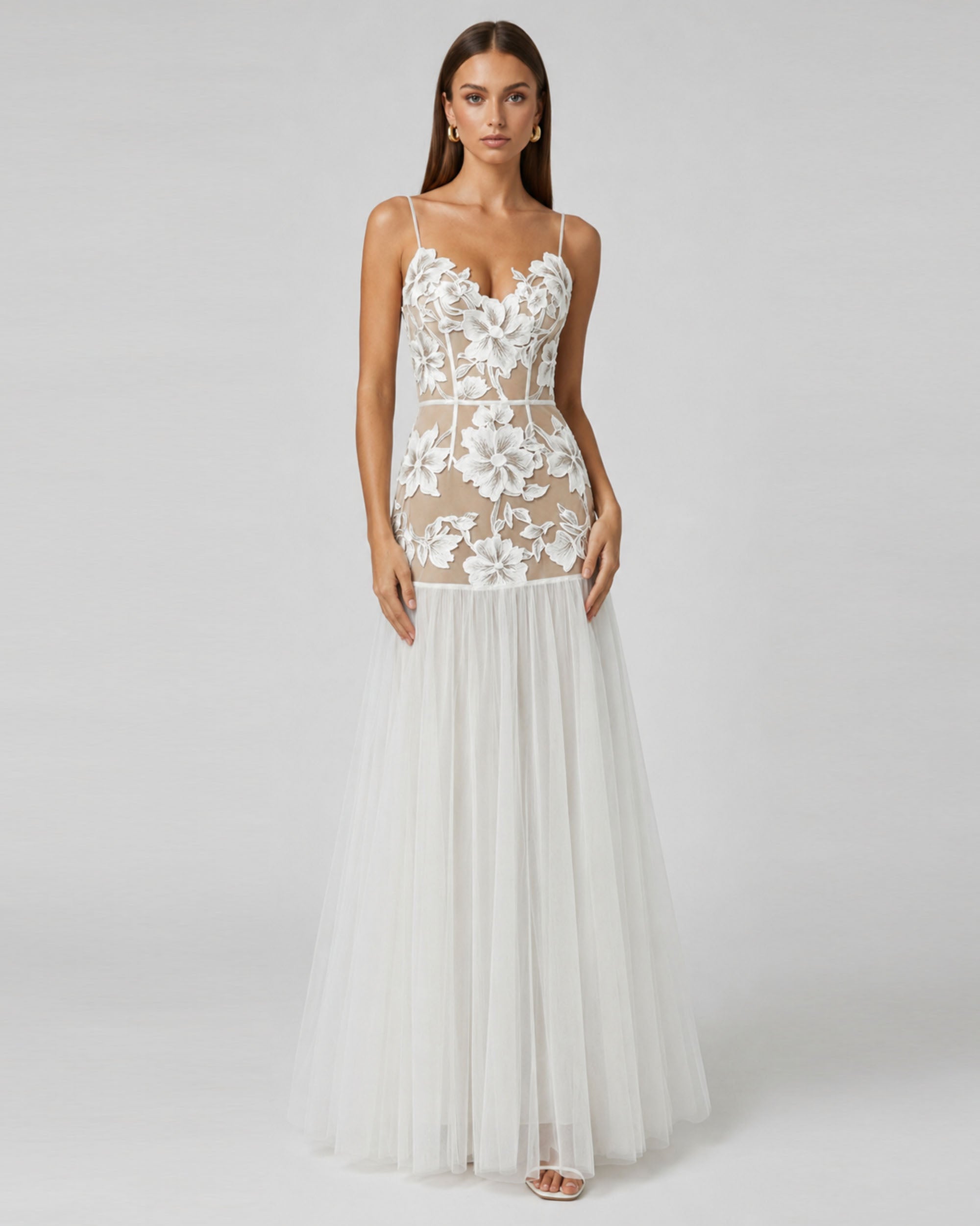 Floral Appliqué Sheer Tulle Maxi Dress - White