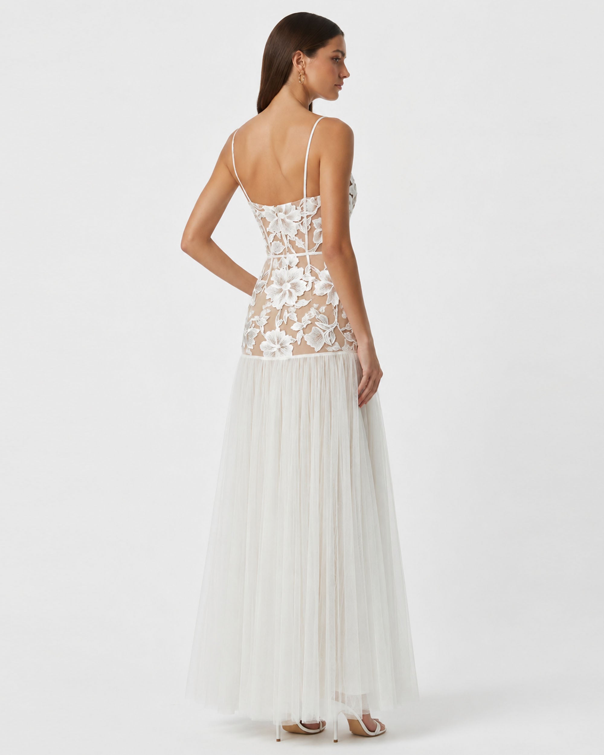 Floral Appliqué Sheer Tulle Maxi Dress - White