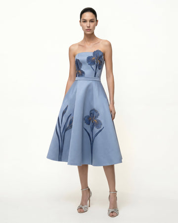 Iris Embroidered Strapless A-Line Midi Dress - Dusty Blue