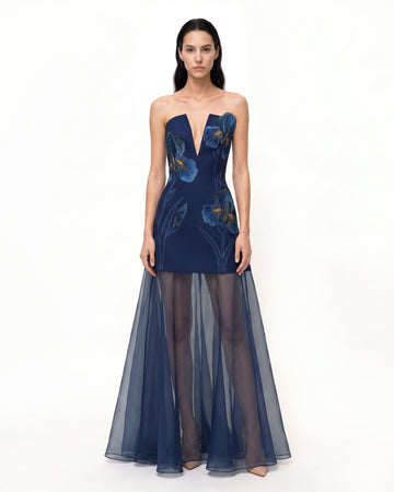 Iris Embroidered Plunge Sheer Overlay Maxi Dress - Navy Blue