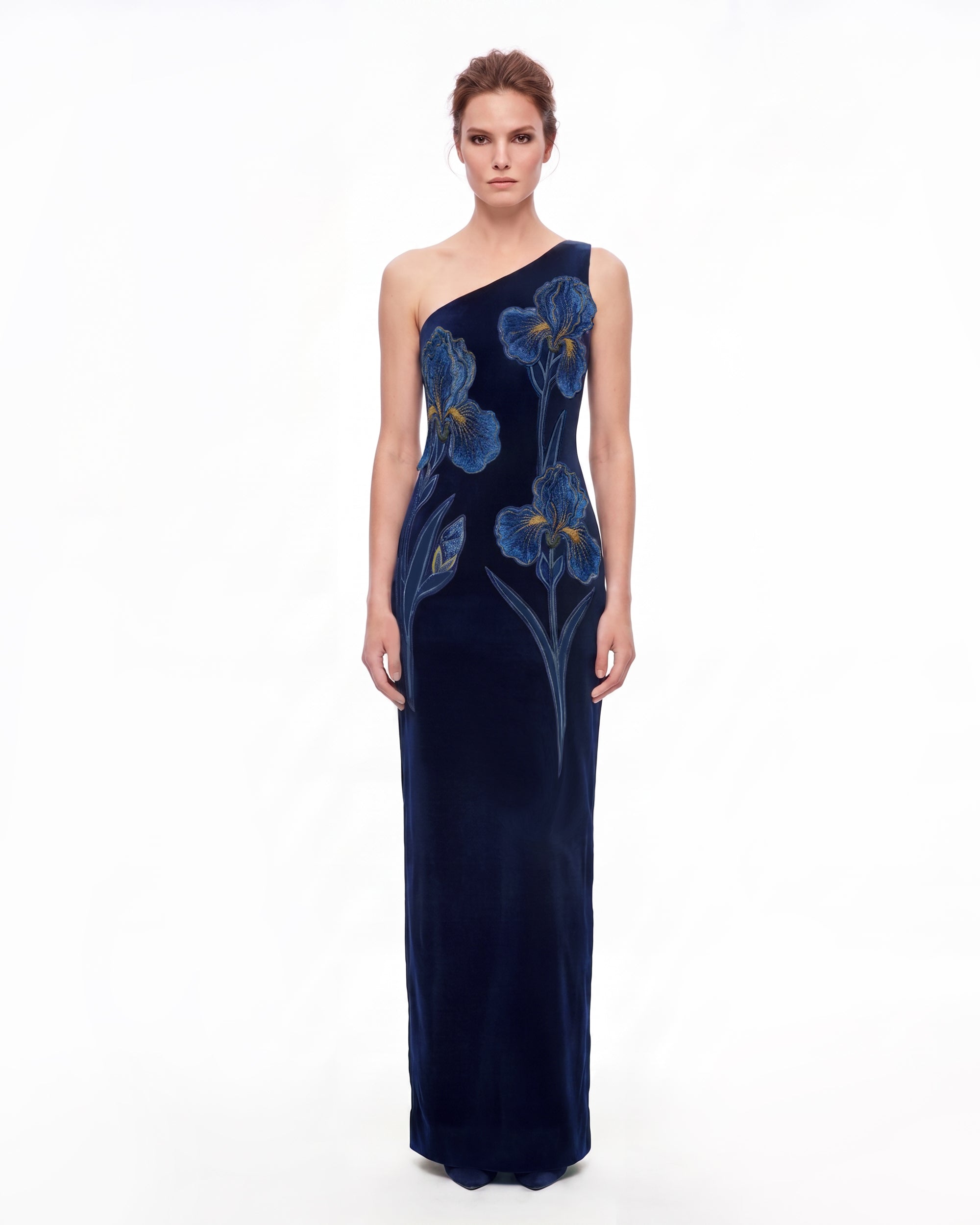 Iris Embroidered Velvet One Shoulder Maxi Dress - Navy Blue