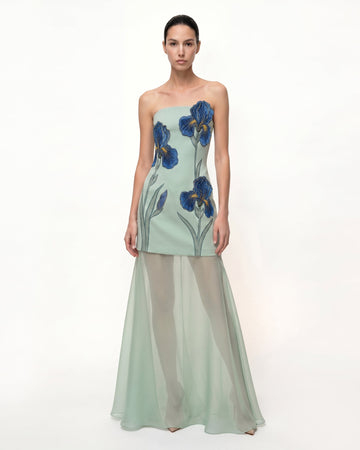 Iris Embroidered Strapless Sheer Overlay Maxi Dress - Sage Green