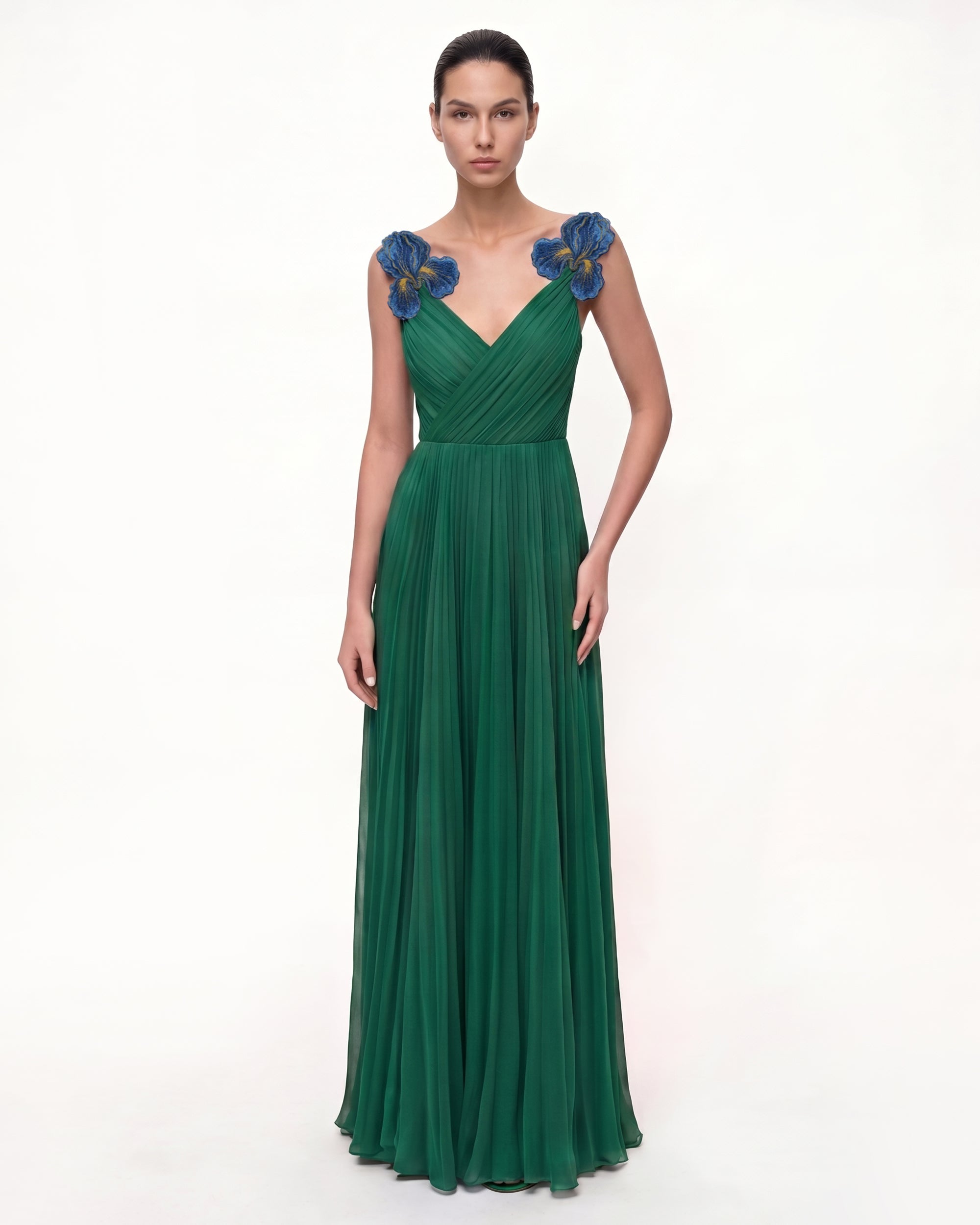 Iris Embroidered Pleated V-Neck Maxi Dress - Emerald Green