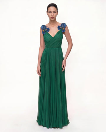 Iris Embroidered Pleated V-Neck Maxi Dress - Emerald Green