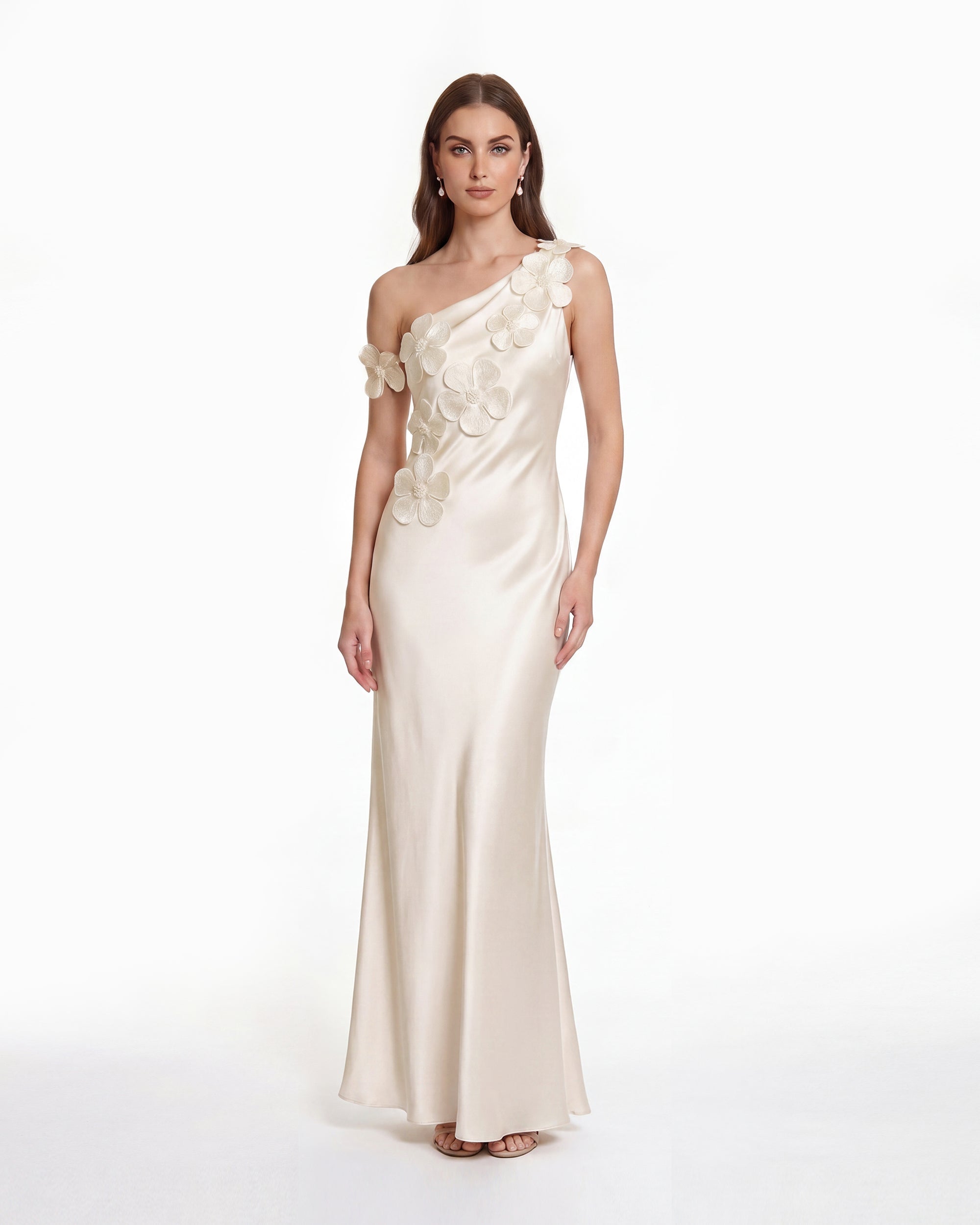 Floral Appliqué One Shoulder Sheath Maxi Dress - Ivory