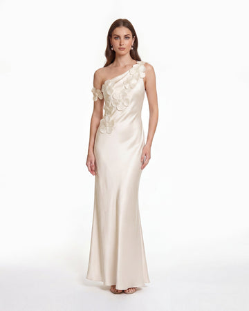 Floral Appliqué One Shoulder Sheath Maxi Dress - Ivory