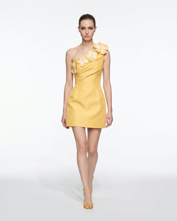 Floral Appliqué One Shoulder Mini Dress - Yellow