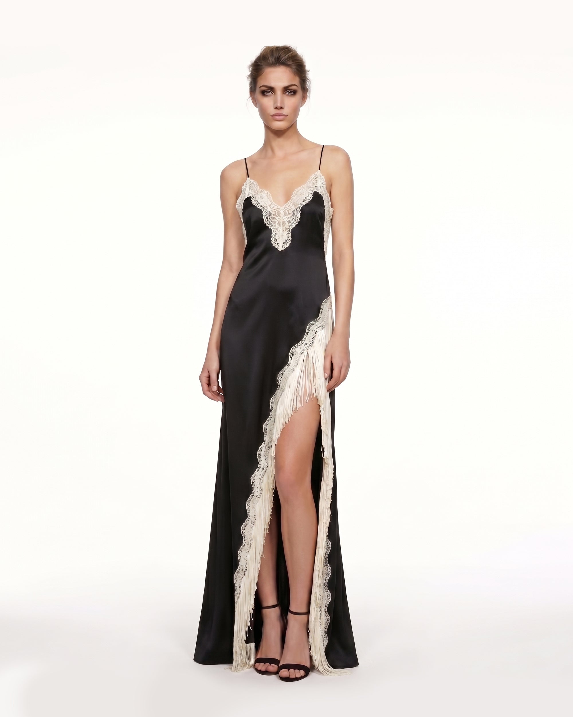 Lace Trim Fringe Slit Satin Maxi Dress - Black