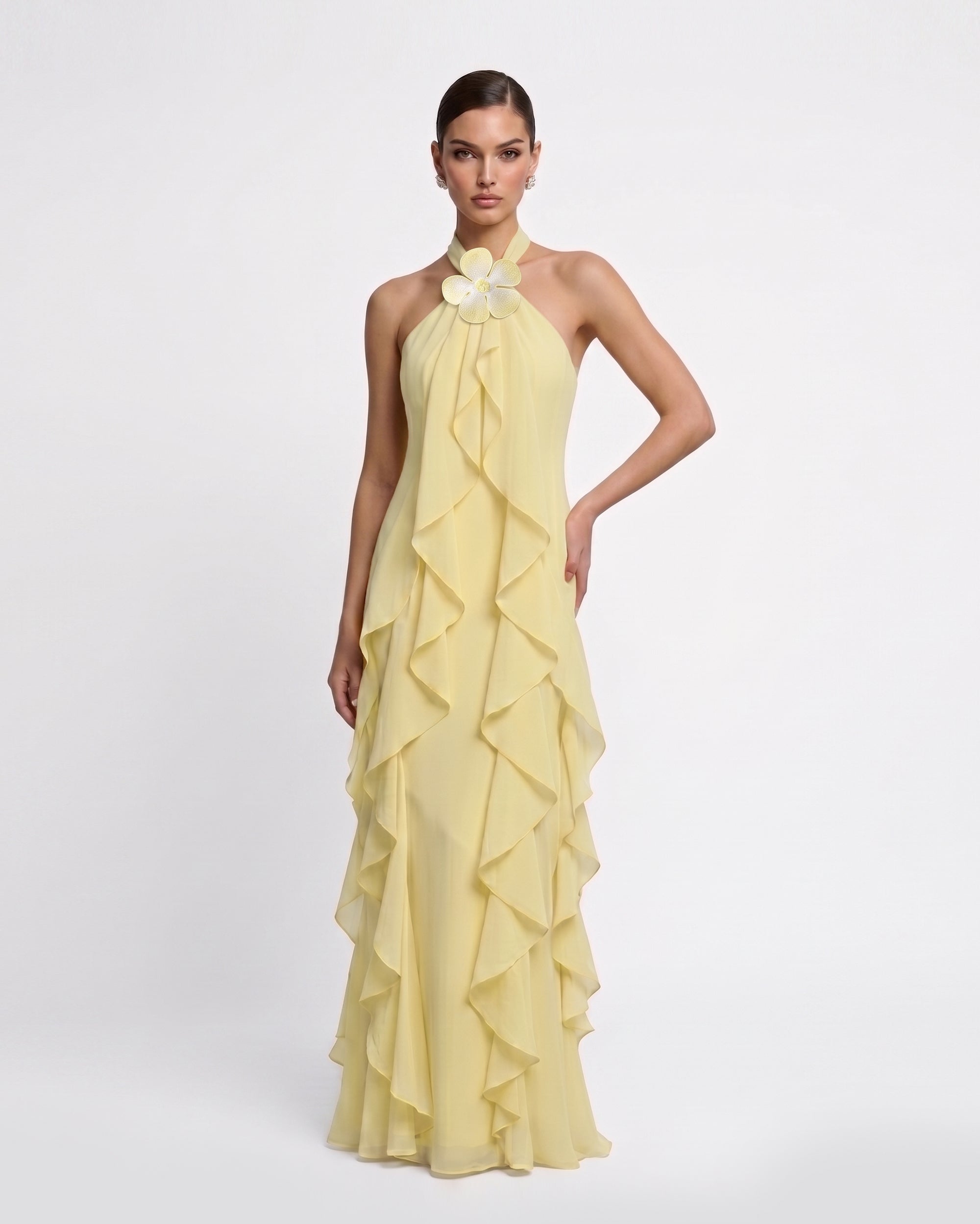 Floral Appliqué Ruffle Halter Chiffon Maxi Dress - Yellow