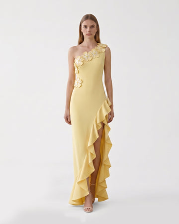 Floral Appliqué One Shoulder Ruffle Slit  Dress - Yellow