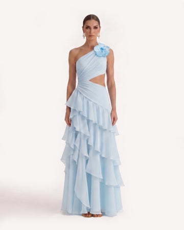 One Shoulder Cutout Ruffle Chiffon Maxi Dress - Blue