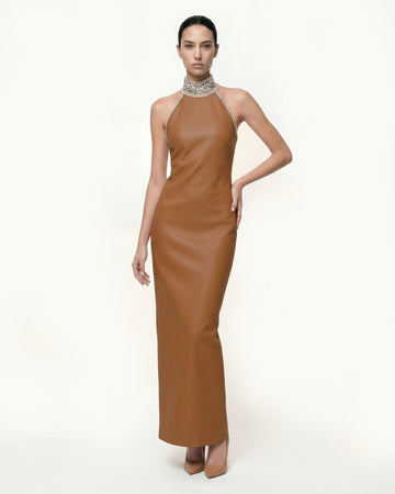 Jeweled High Neck Halter Maxi Dress - Caramel Brown