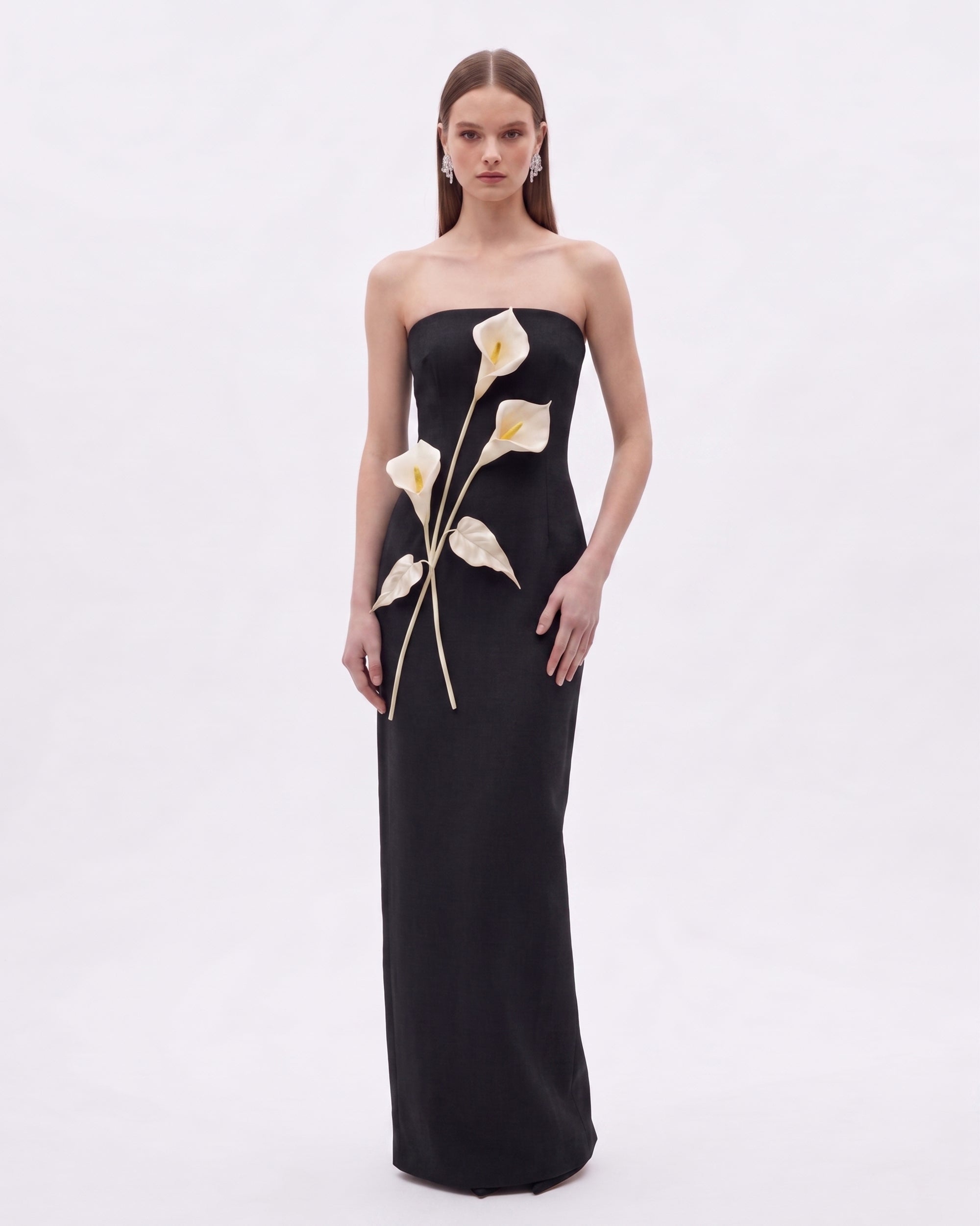 Floral Appliqué Strapless Dress - Black