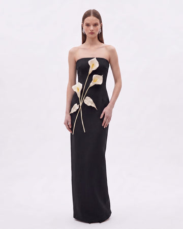 Floral Appliqué Strapless Dress - Black