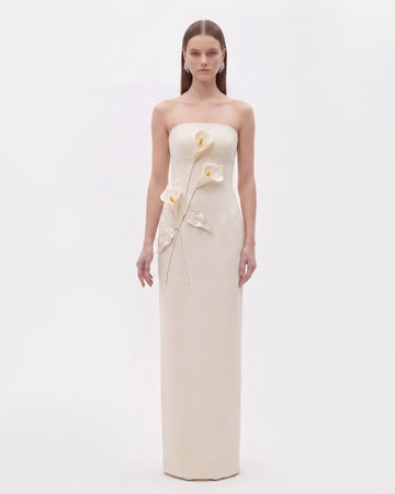 Floral Appliqué Strapless Dress - Cream Ivory