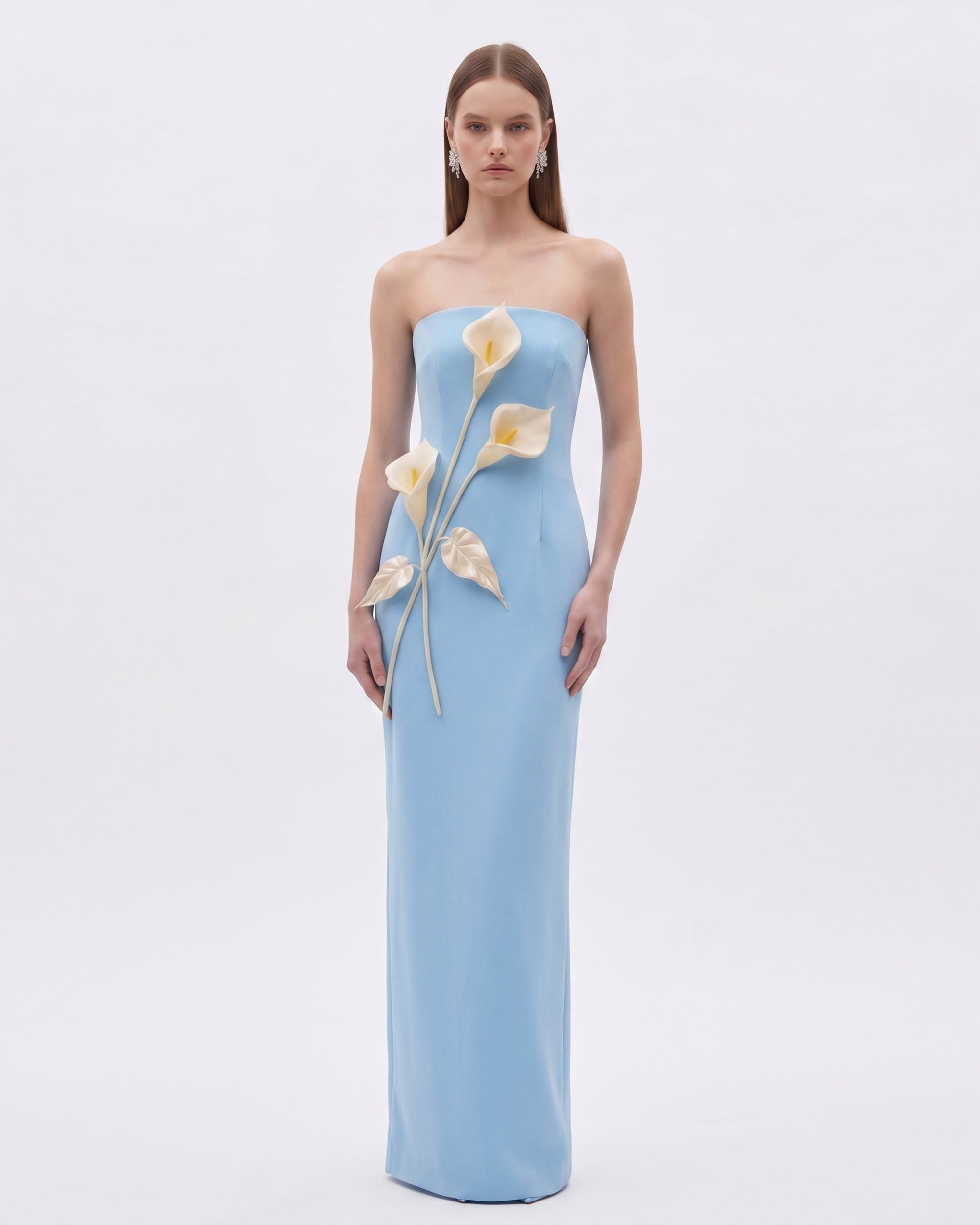Floral Appliqué Strapless Dress - Light Blue