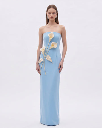 Floral Appliqué Strapless Dress - Light Blue