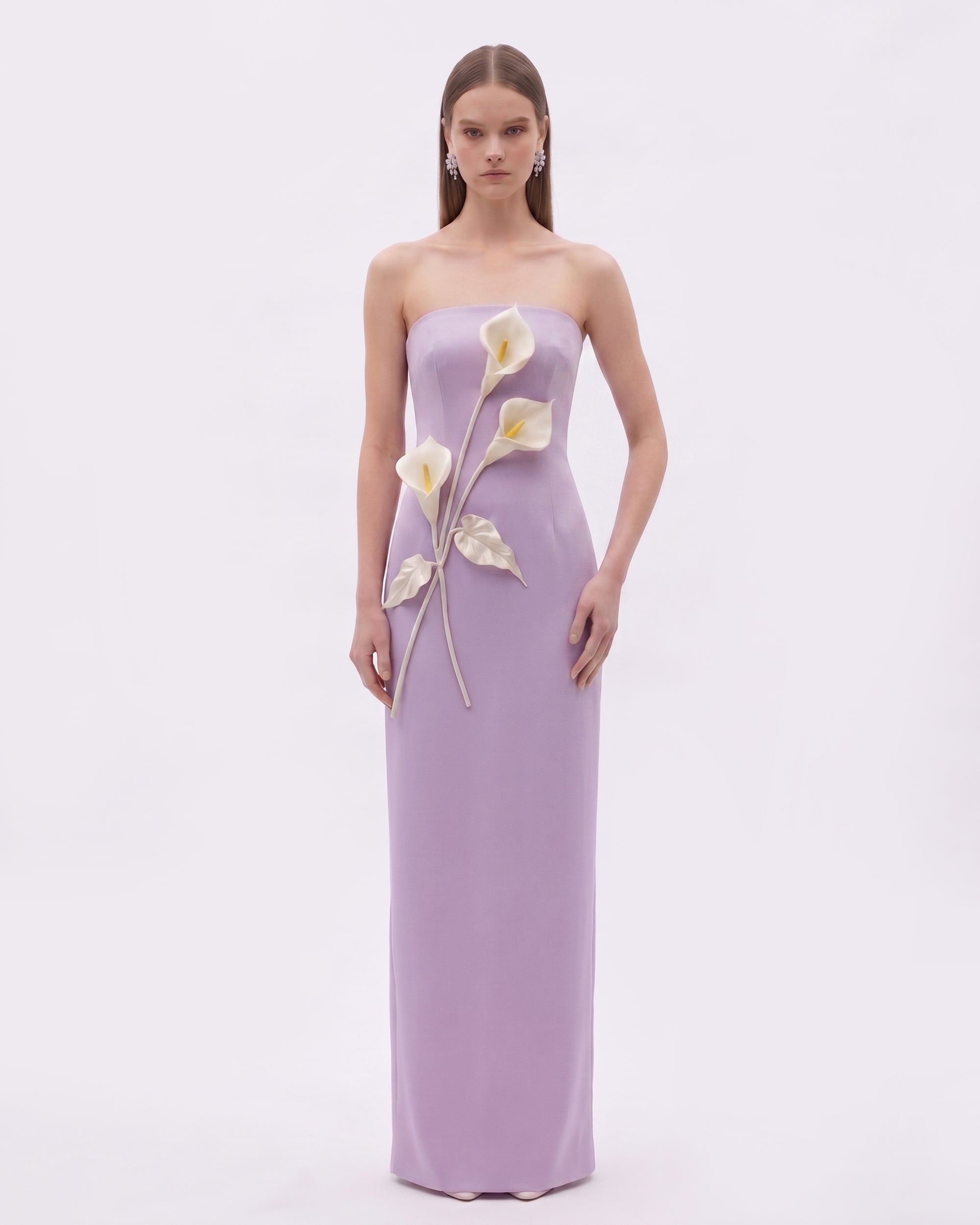 Floral Appliqué Strapless Dress - Purple