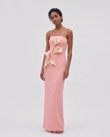Floral Appliqué Strapless Dress - Coral Pink