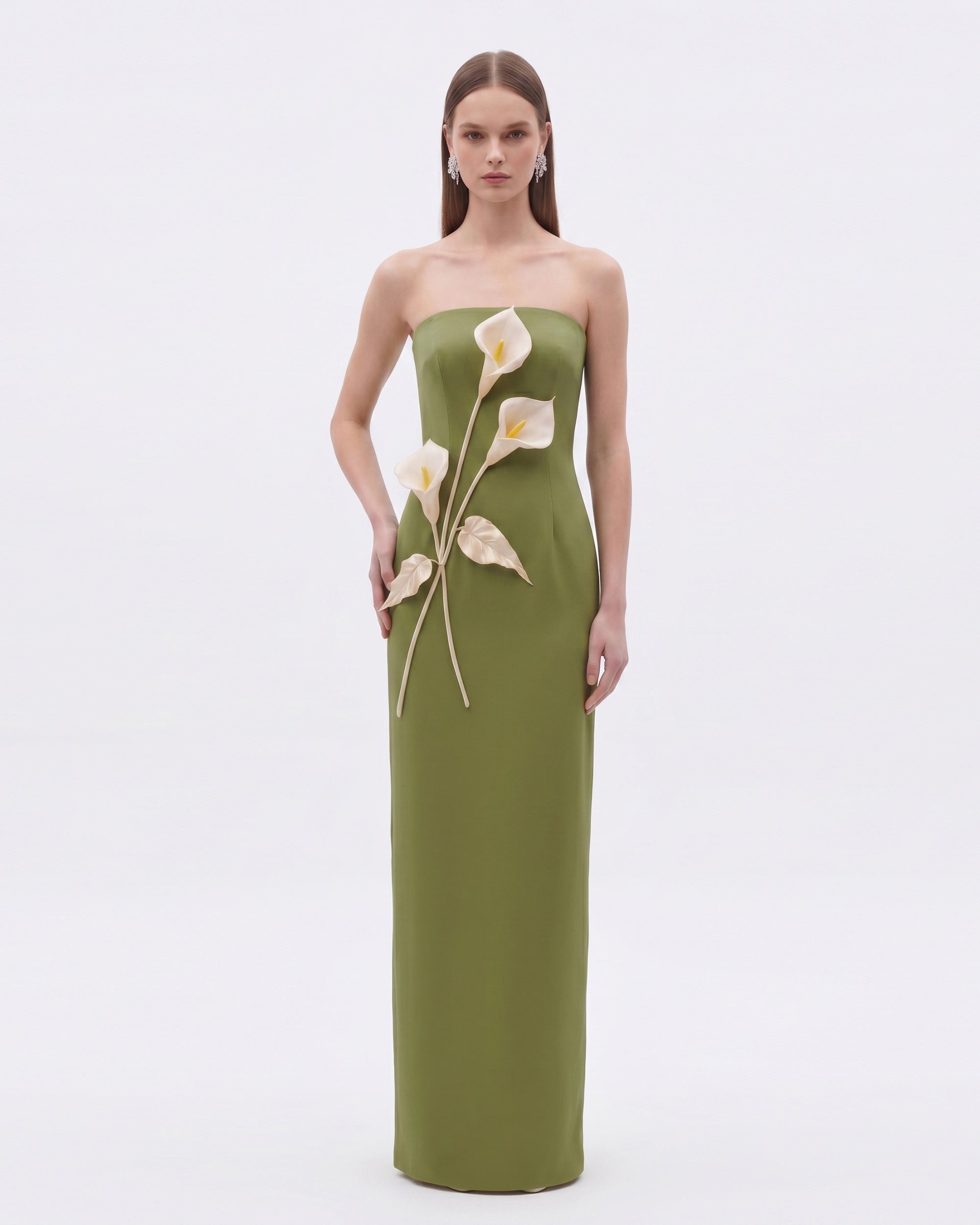 Floral Appliqué Strapless Dress - Olive Green