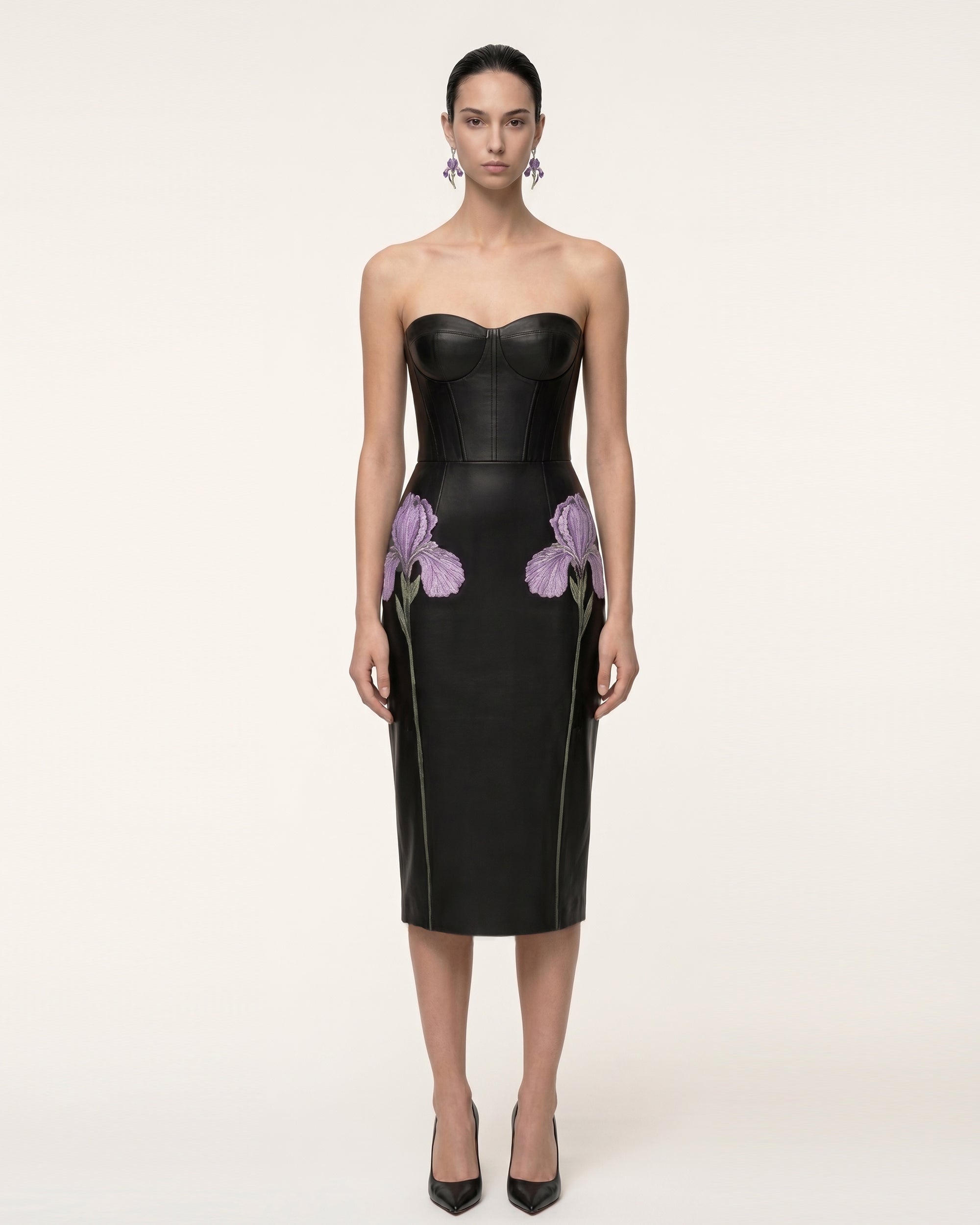 Iris Floral-Print Strapless Corset Leather Midi Dress - Black