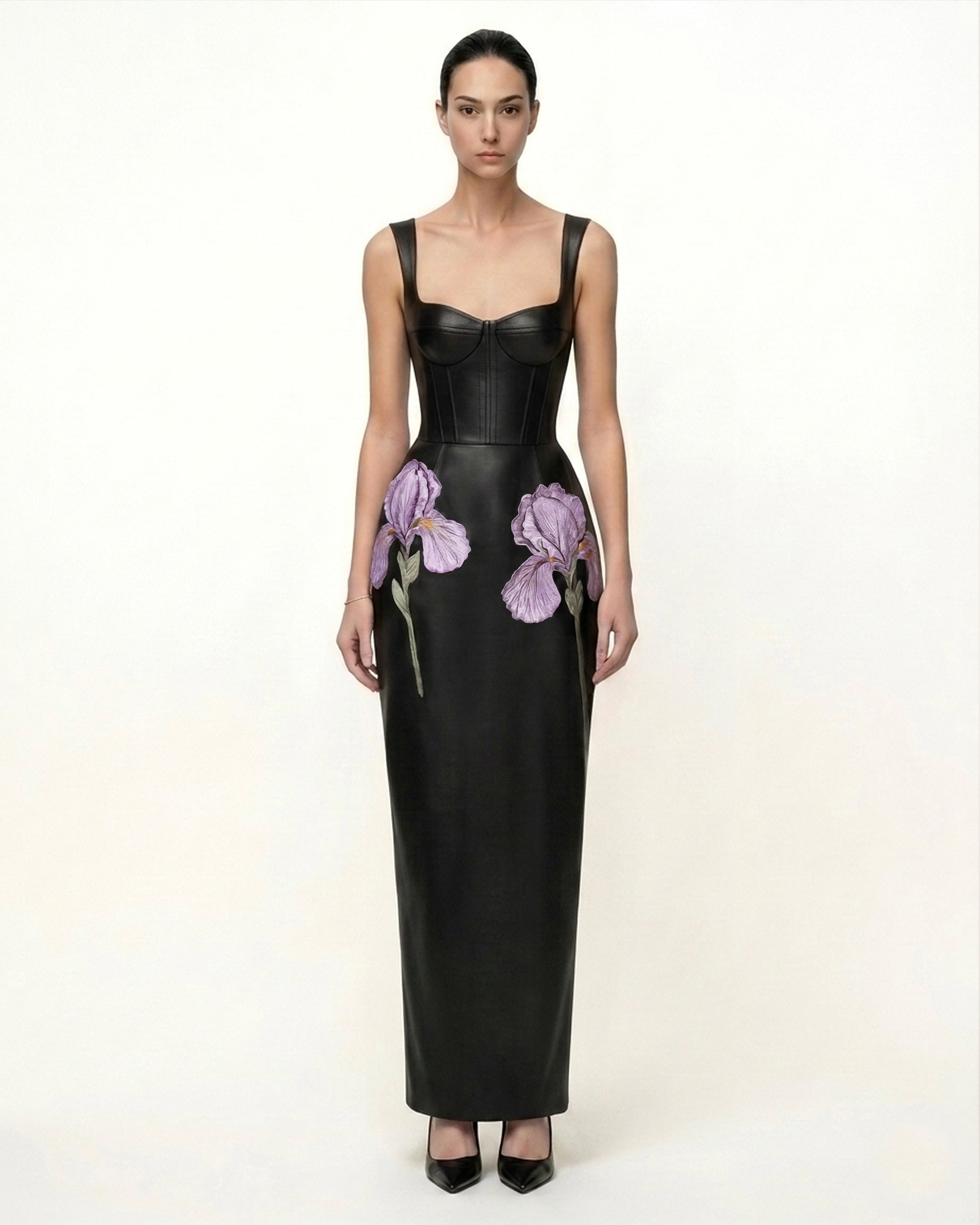 Iris Floral-Print Strappy Corset Leather Maxi Dress - Black