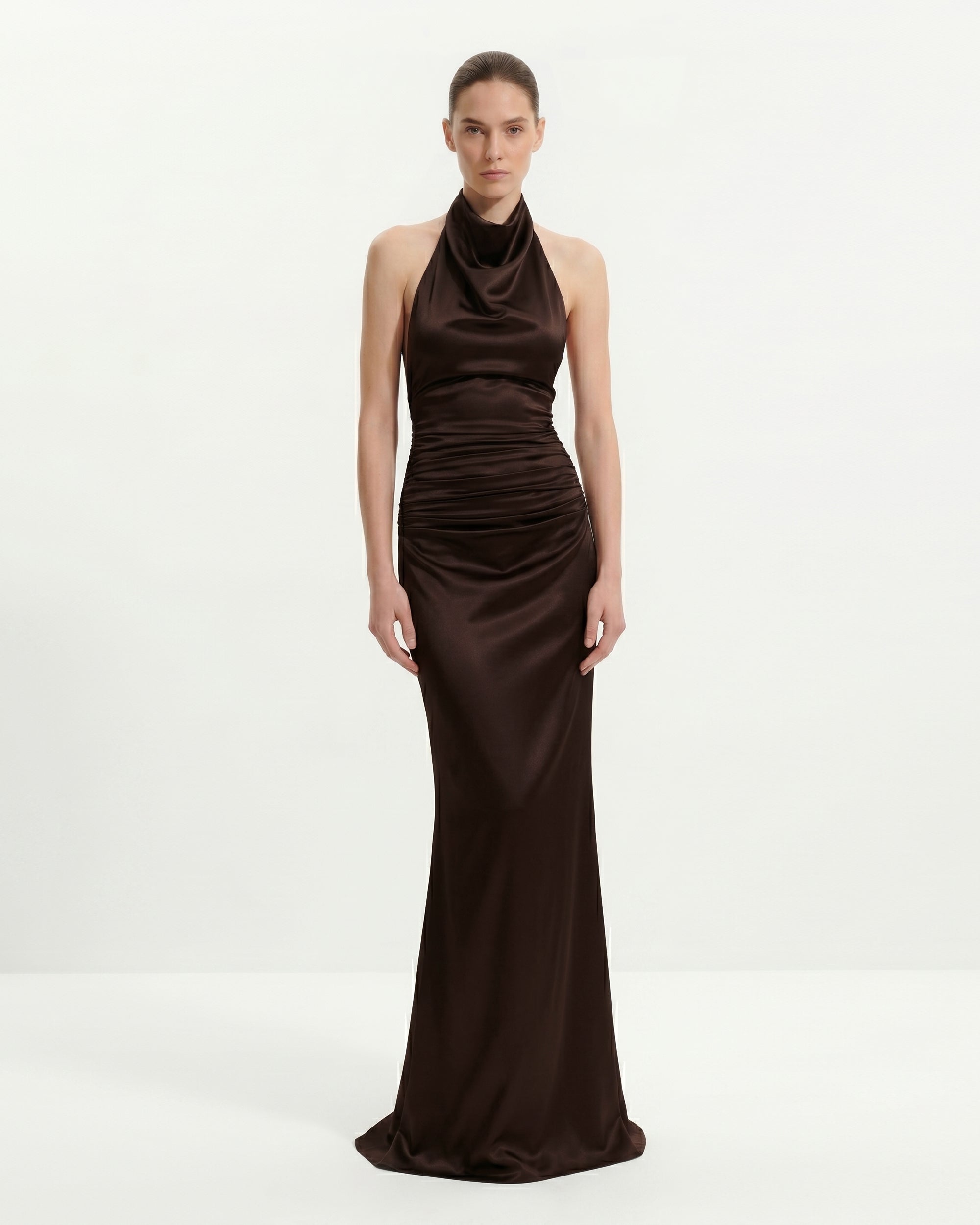 Satin Cowl Neck Ruched Maxi Gown - Dark Chocolate
