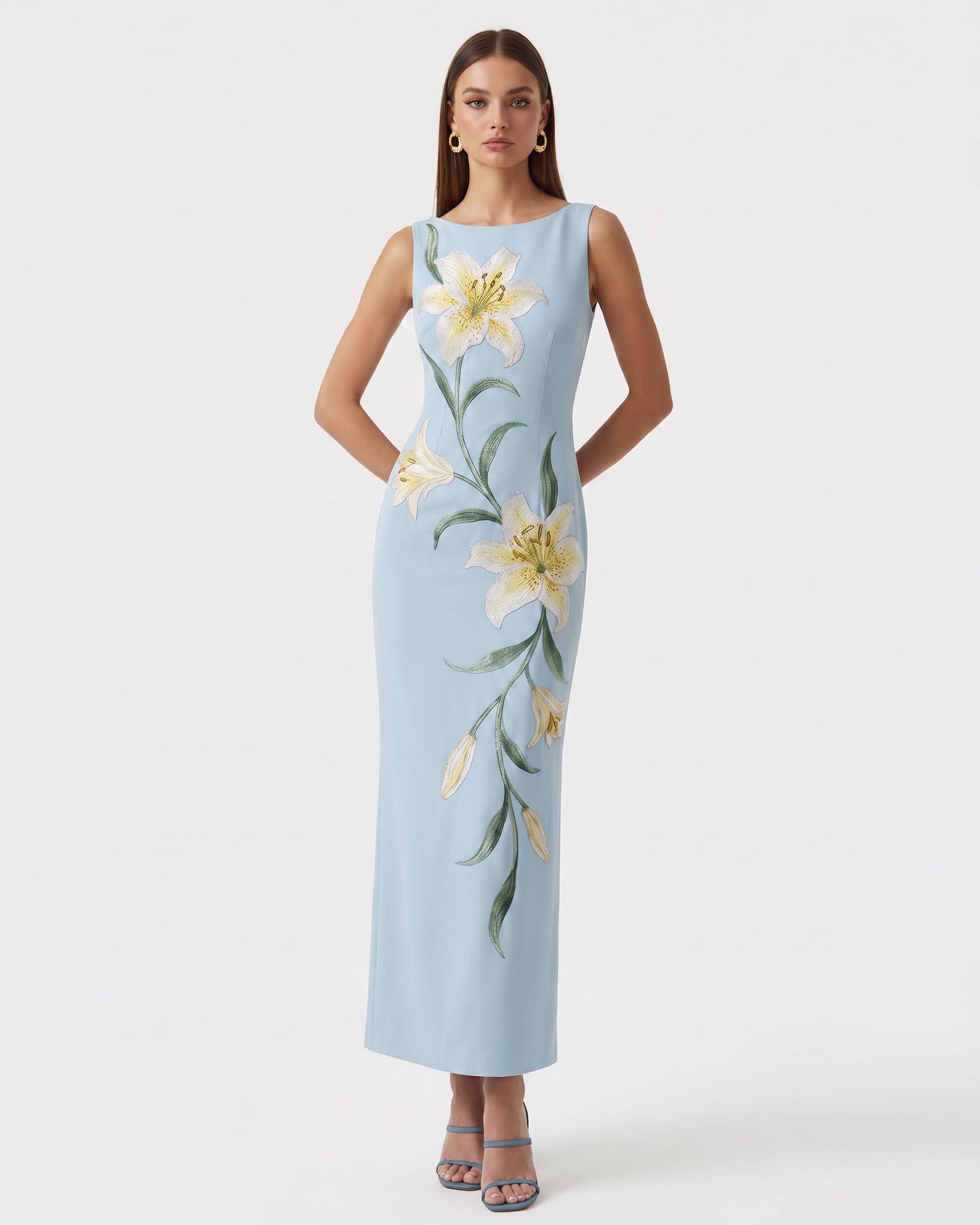 Lily Floral Print Sleeveless Column Maxi Dress - Light Blue