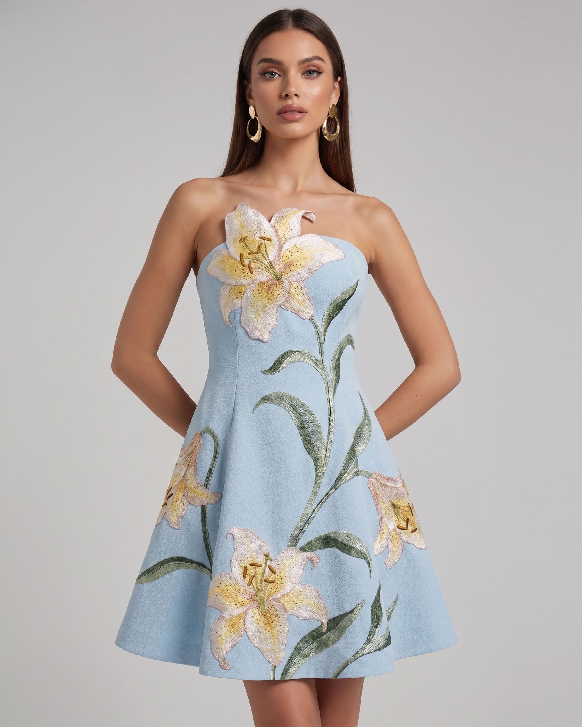 Lily Floral Print Strapless A-Line Mini Dress - Light Blue
