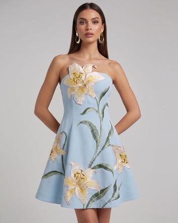 Lily Floral Print Strapless A-Line Mini Dress - Light Blue