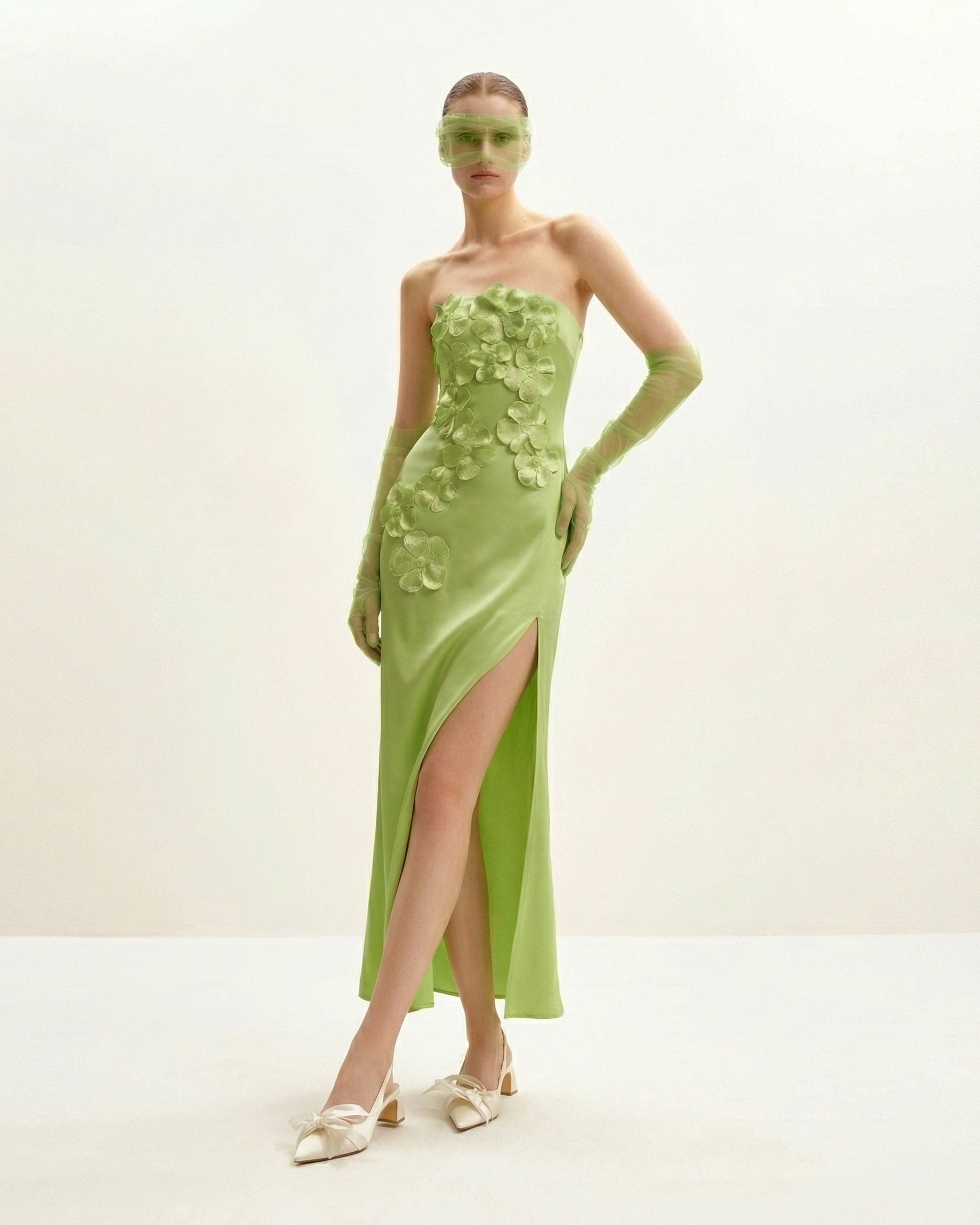 Floral Embroidered Long Dress - Green