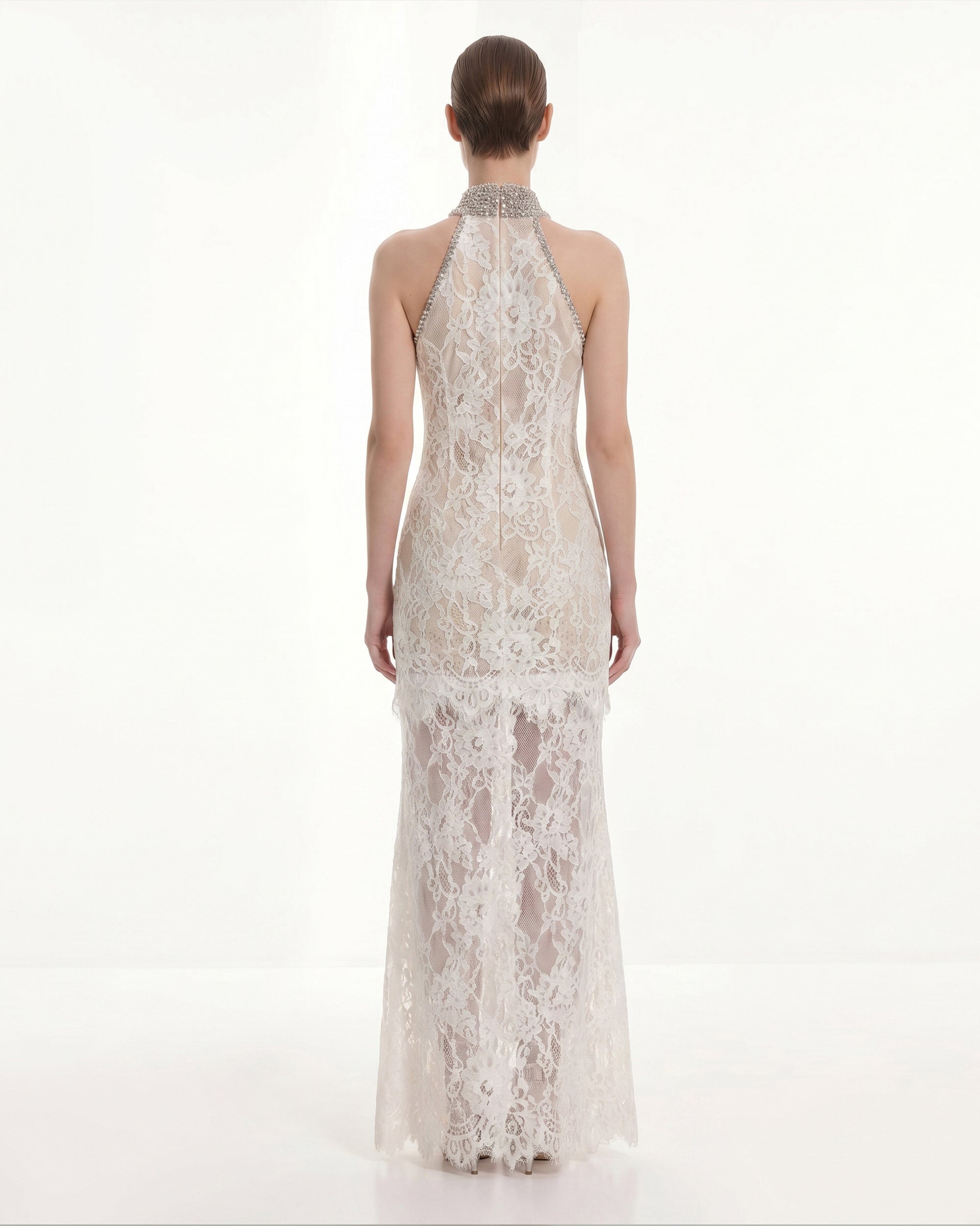 Jeweled Lace Halter Dress - White