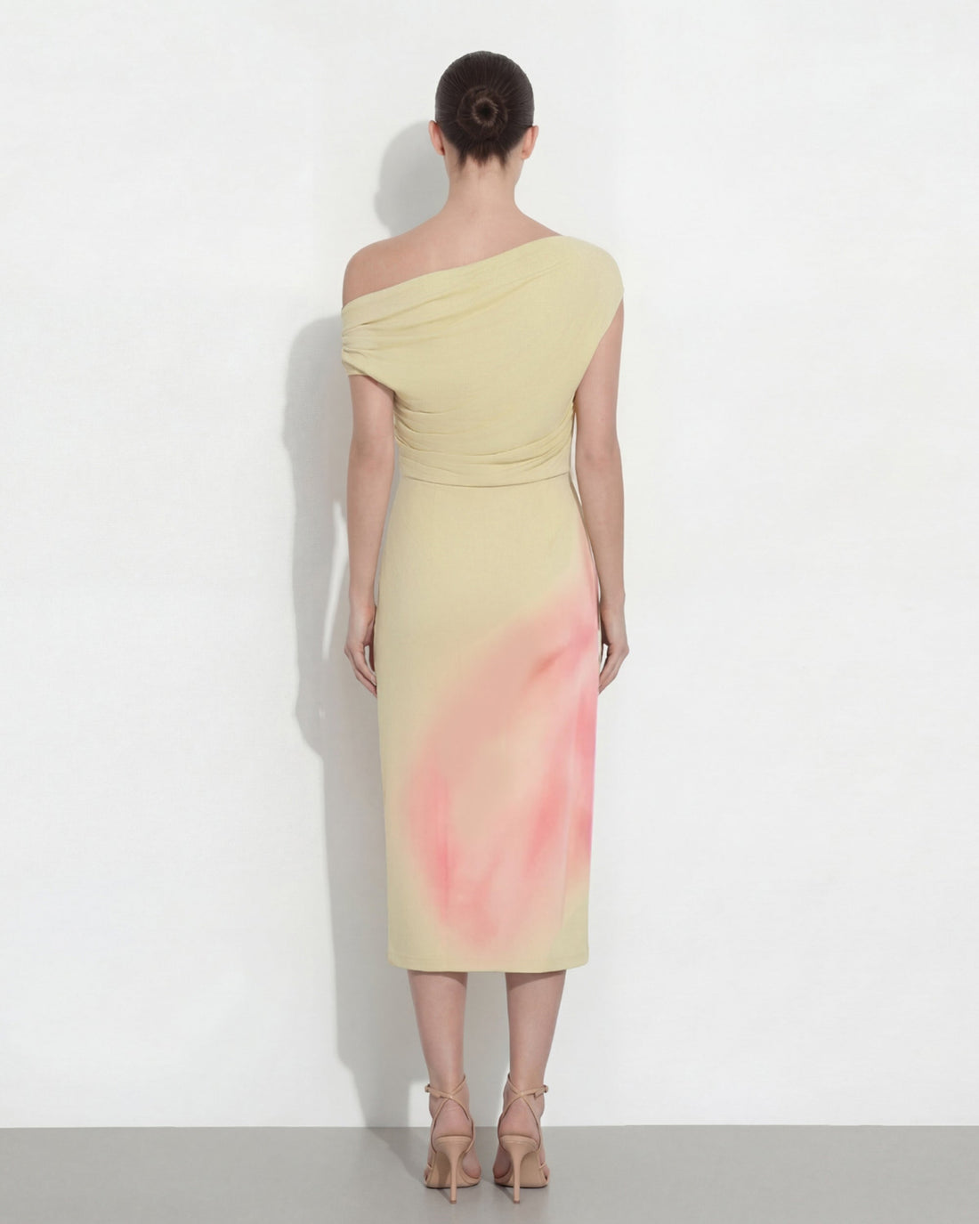 Watercolor Floral Print One-Shoulder Asymmetric Midi Dress - Yellow