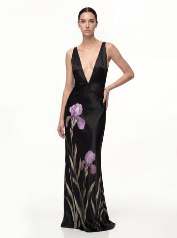 Floral Deep V Maxi Dress - Black