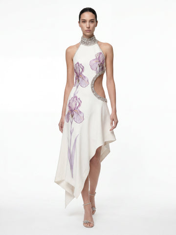 Jeweled Floral Cutout High Neck Dress - White