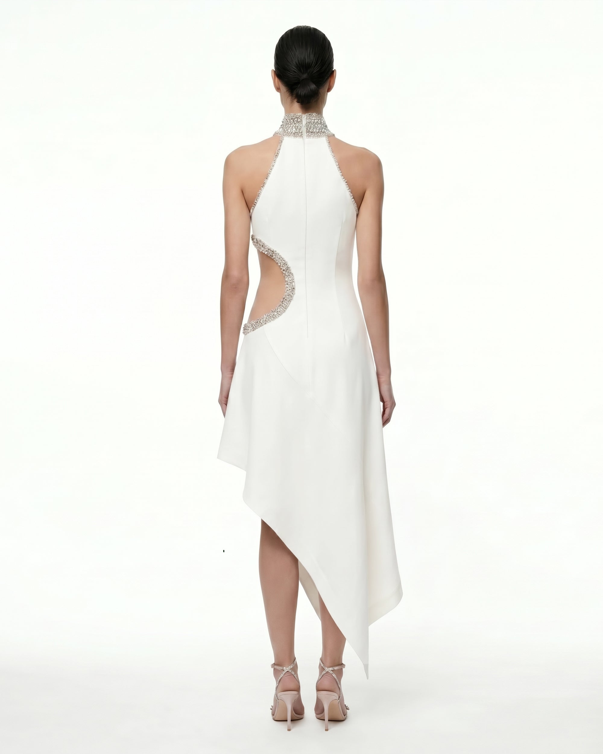 Jeweled Floral Cutout High Neck Dress - White