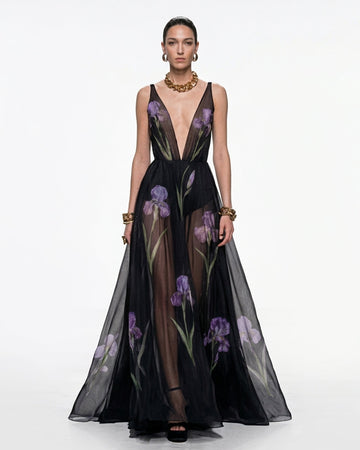 Sheer Floral Print Maxi Dress - Black