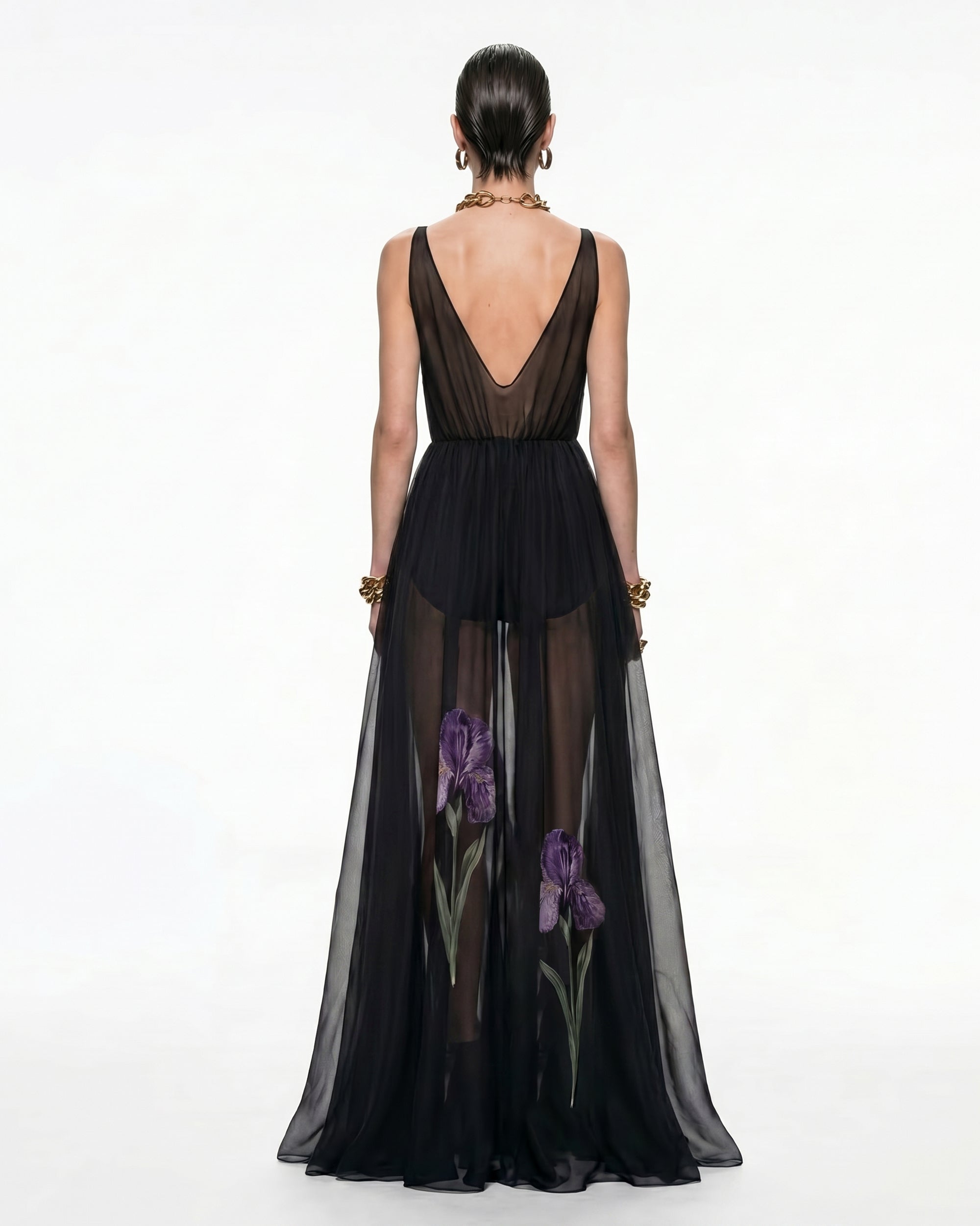 Sheer Floral Print Maxi Dress - Black