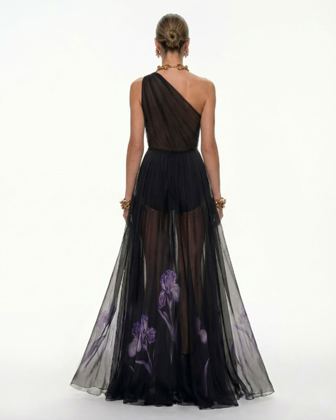 Floral One Shoulder Maxi Dress - Black