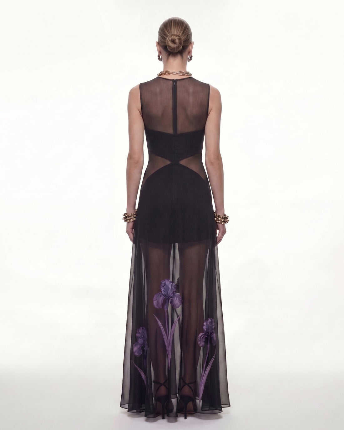 Sheer Floral Print Paneled Maxi Dress - Black