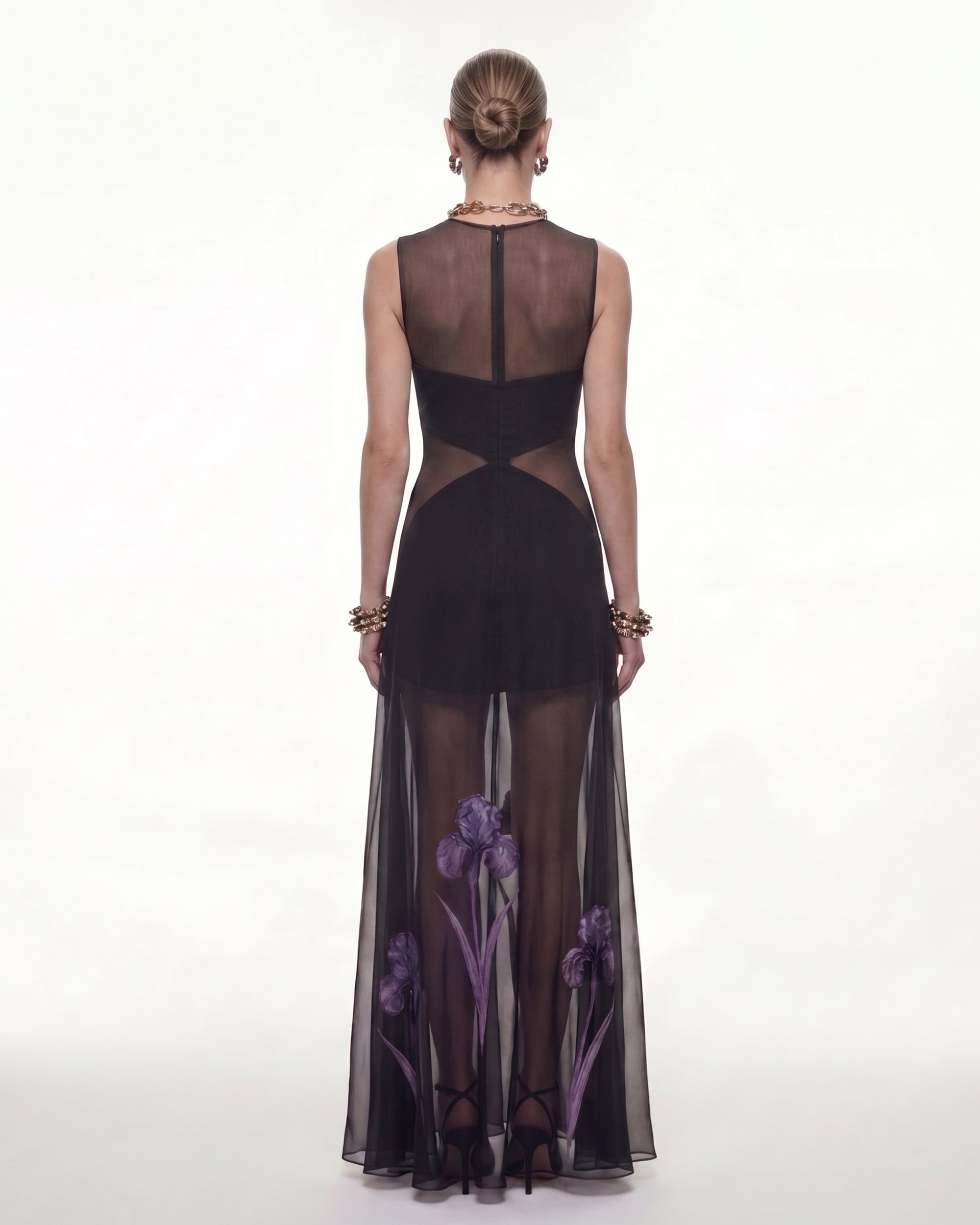 Sheer Floral Print Paneled Maxi Dress - Black