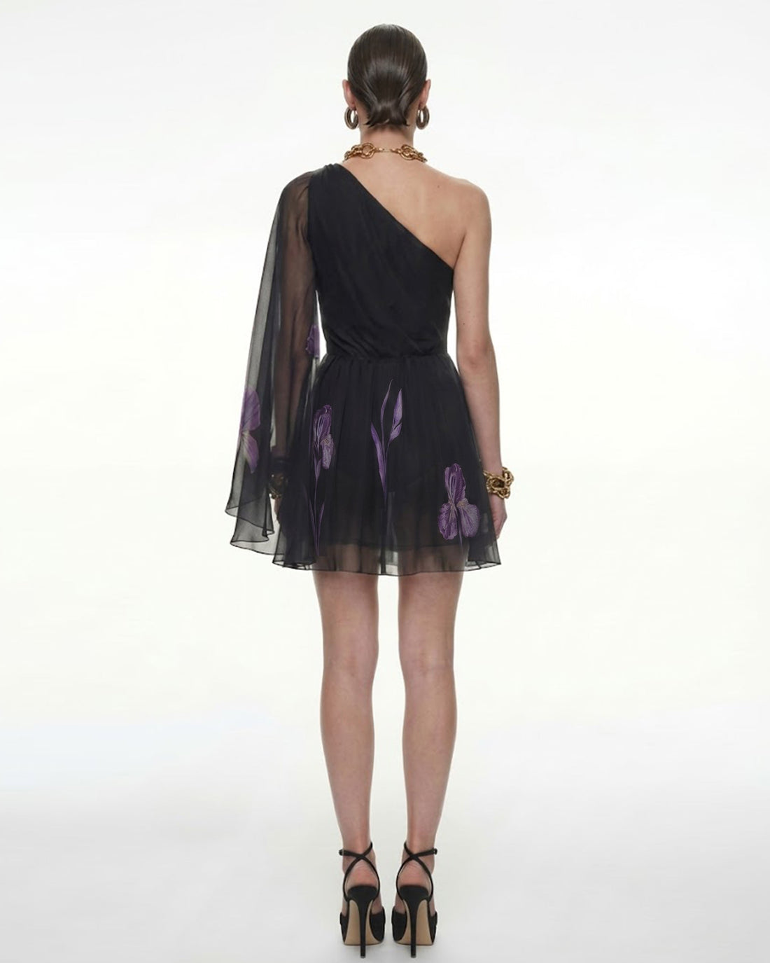 One Shoulder Floral Mesh Dress - Black