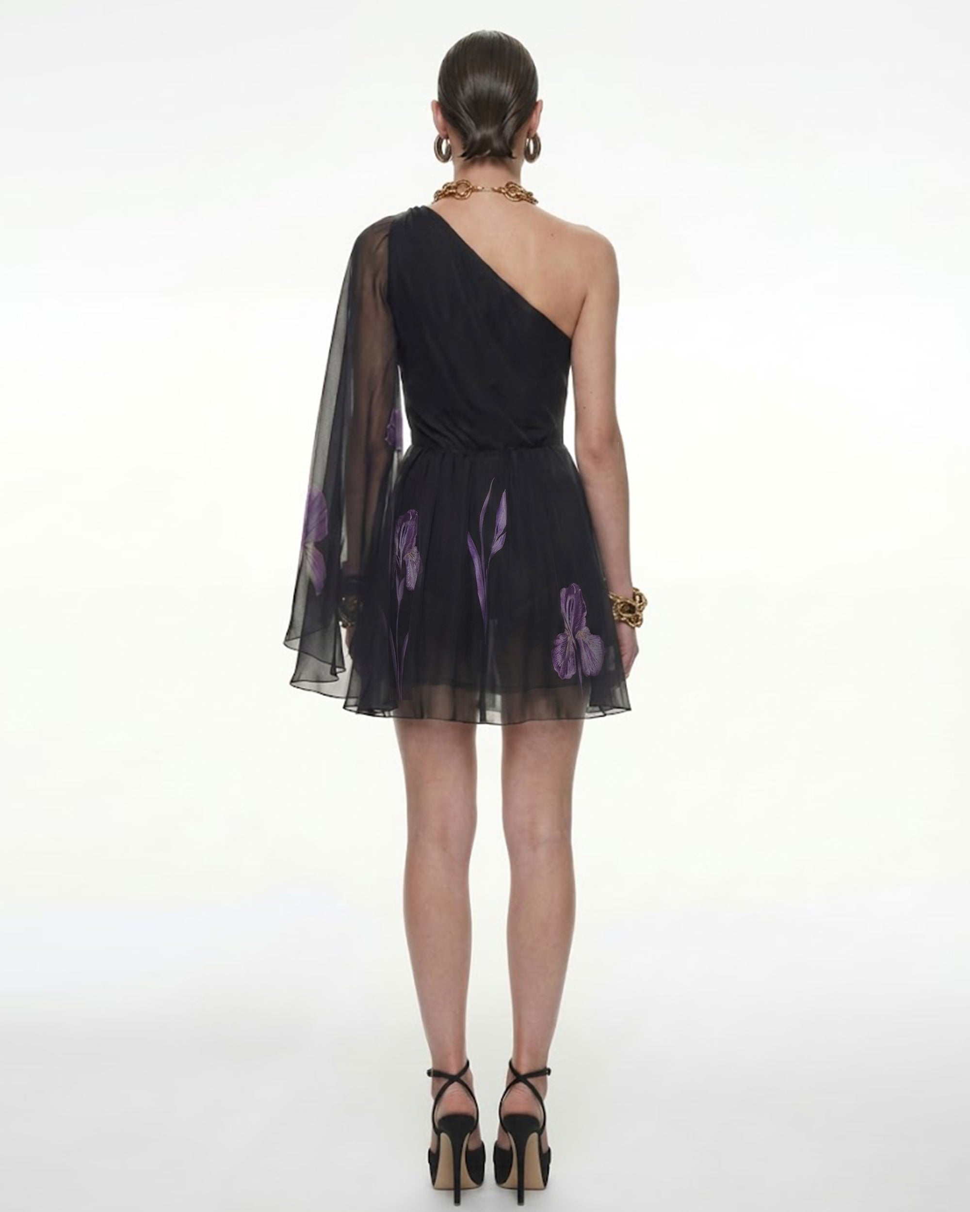 One Shoulder Floral Mesh Dress - Black