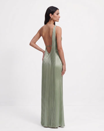Fringe One Shoulder Maxi Dress - Sage Green