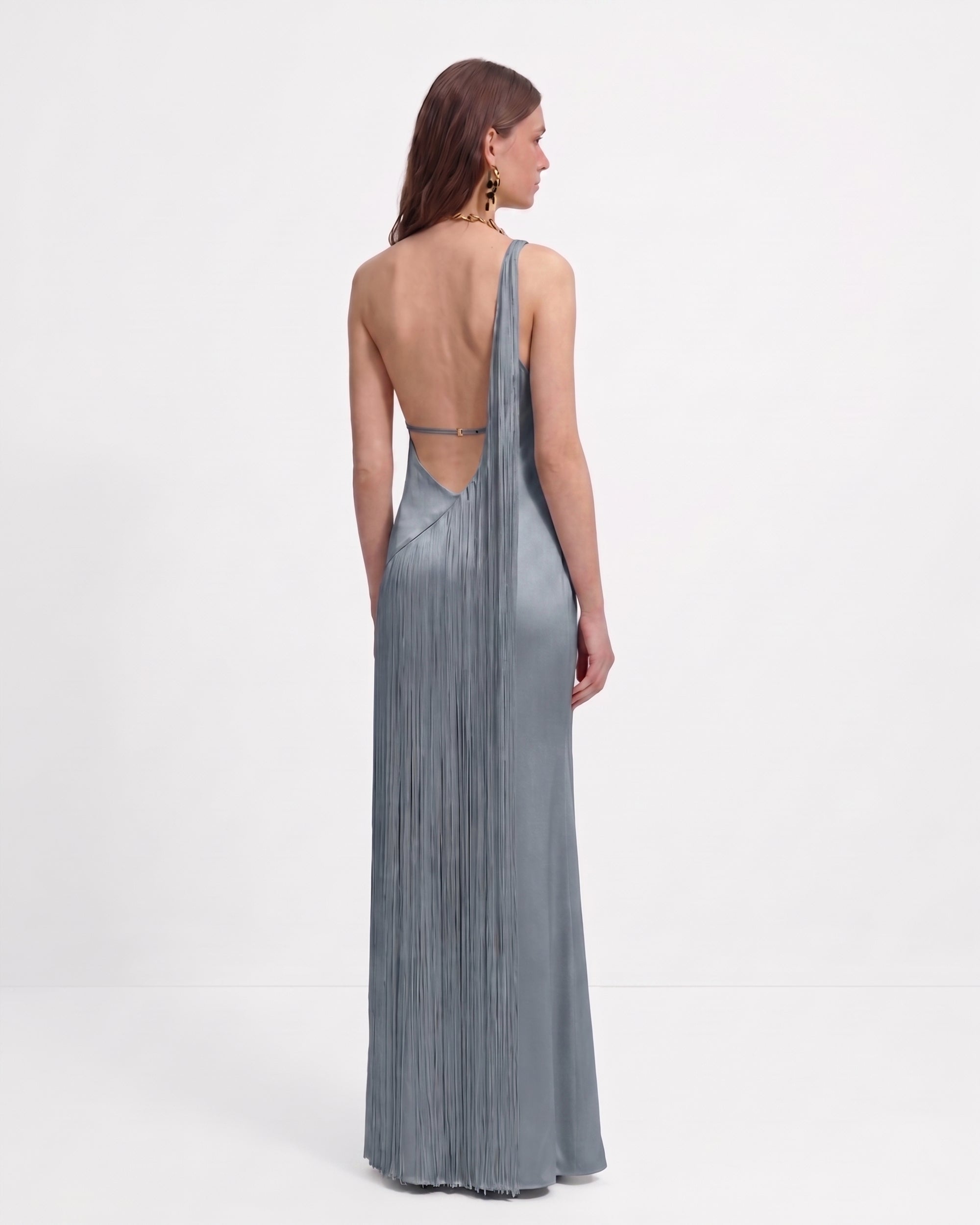 Fringe One Shoulder Maxi Dress - Misty Blue