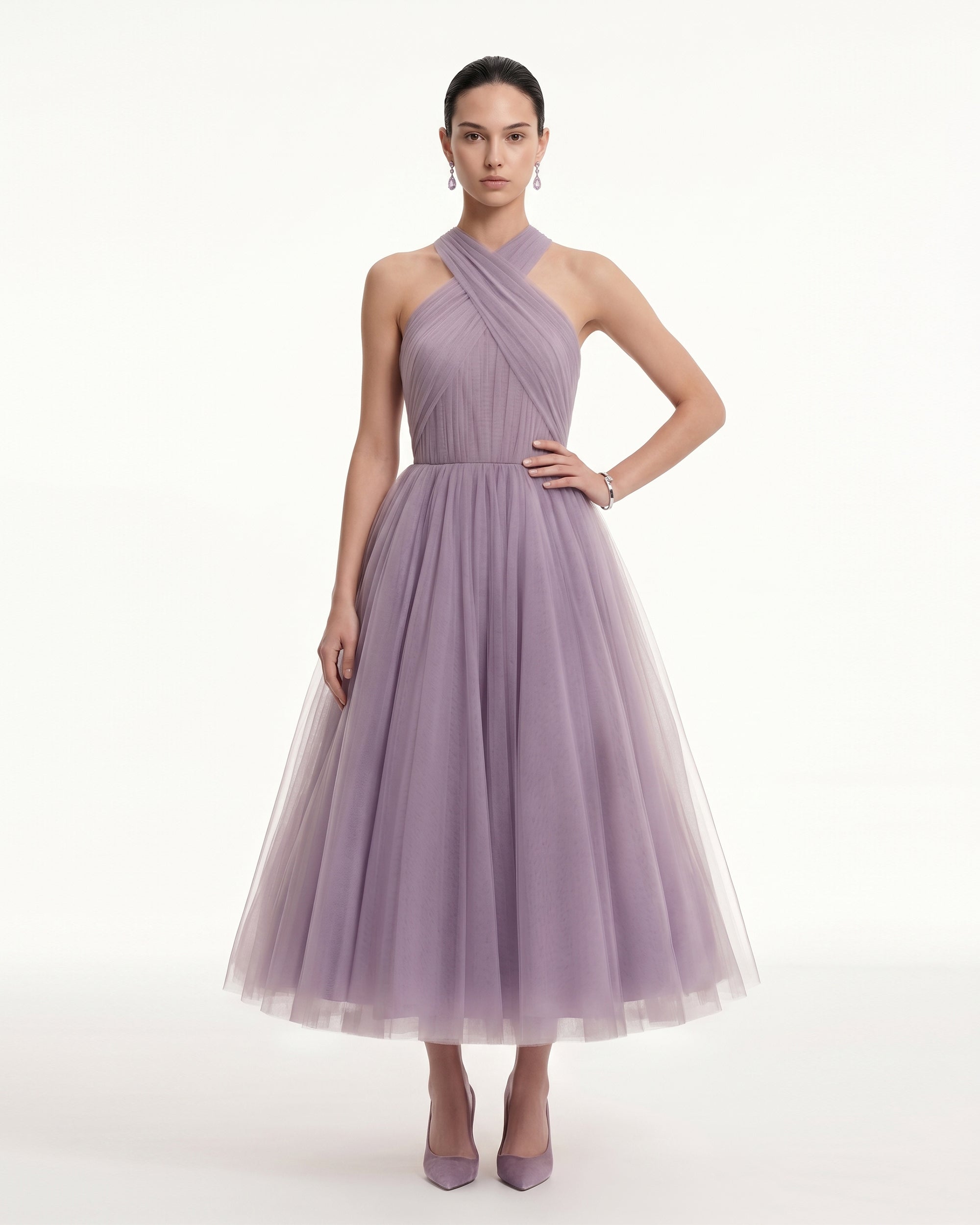 Tulle Cross Halter A-Line Midi Dress - Dusty Mauve