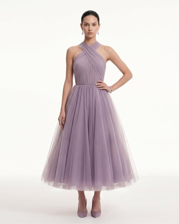 Tulle Cross Halter A-Line Midi Dress - Dusty Mauve